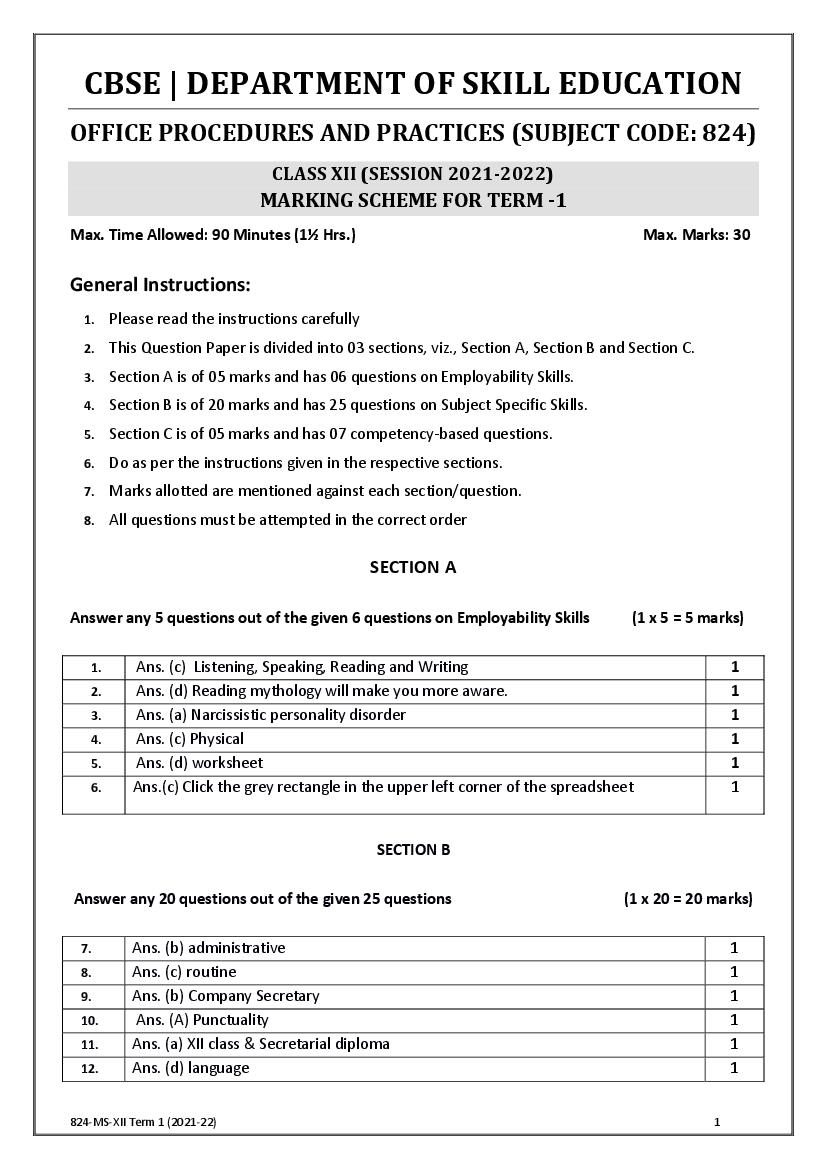 CBSE Class 12 Marking Scheme 2022 for Office Procedures and Practices