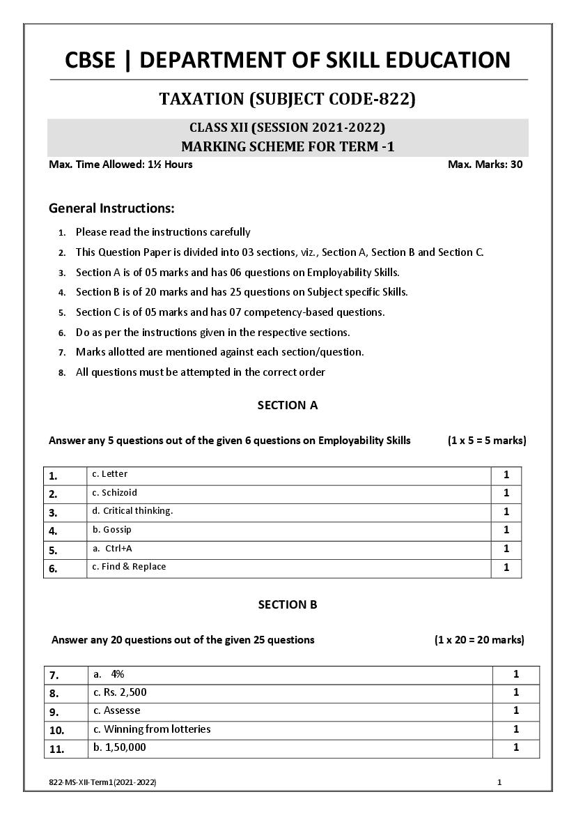 CBSE Class 12 Marking Scheme 2022 for Taxation - Page 1 of 2