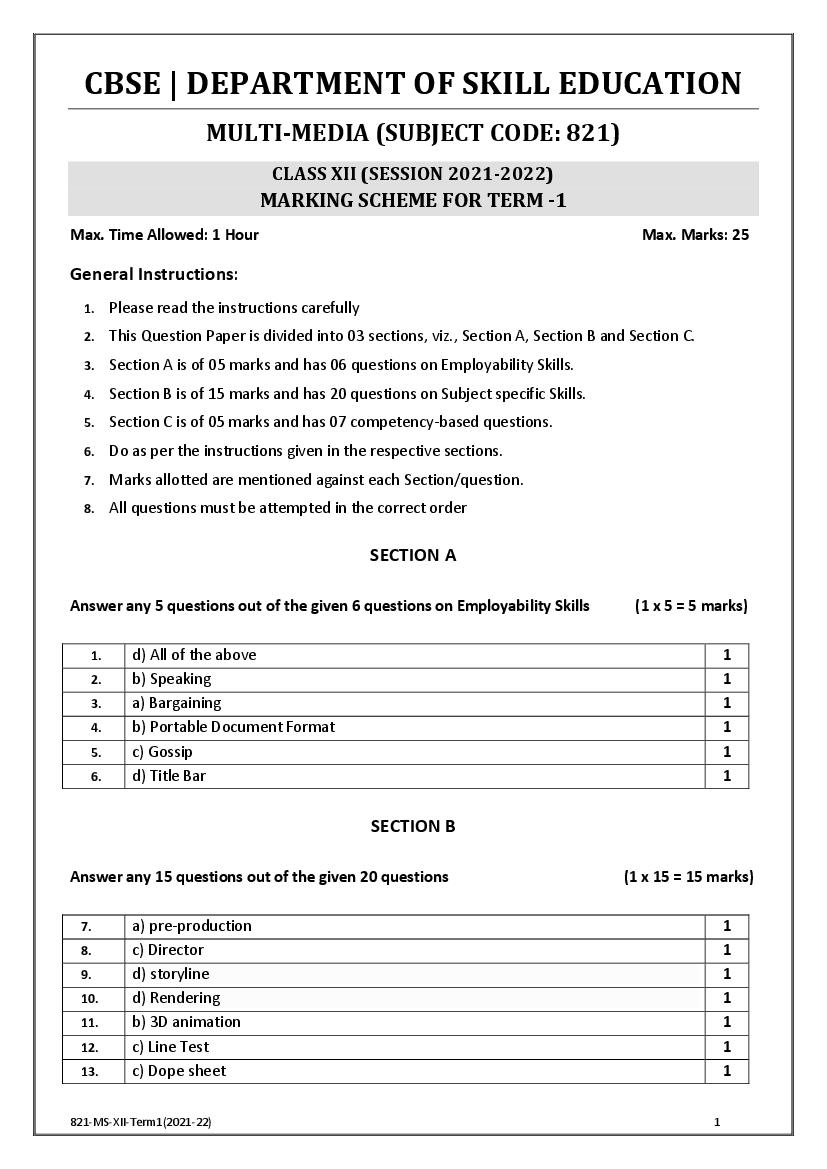 CBSE Class 12 Marking Scheme 2022 for Media - Page 1 of 2