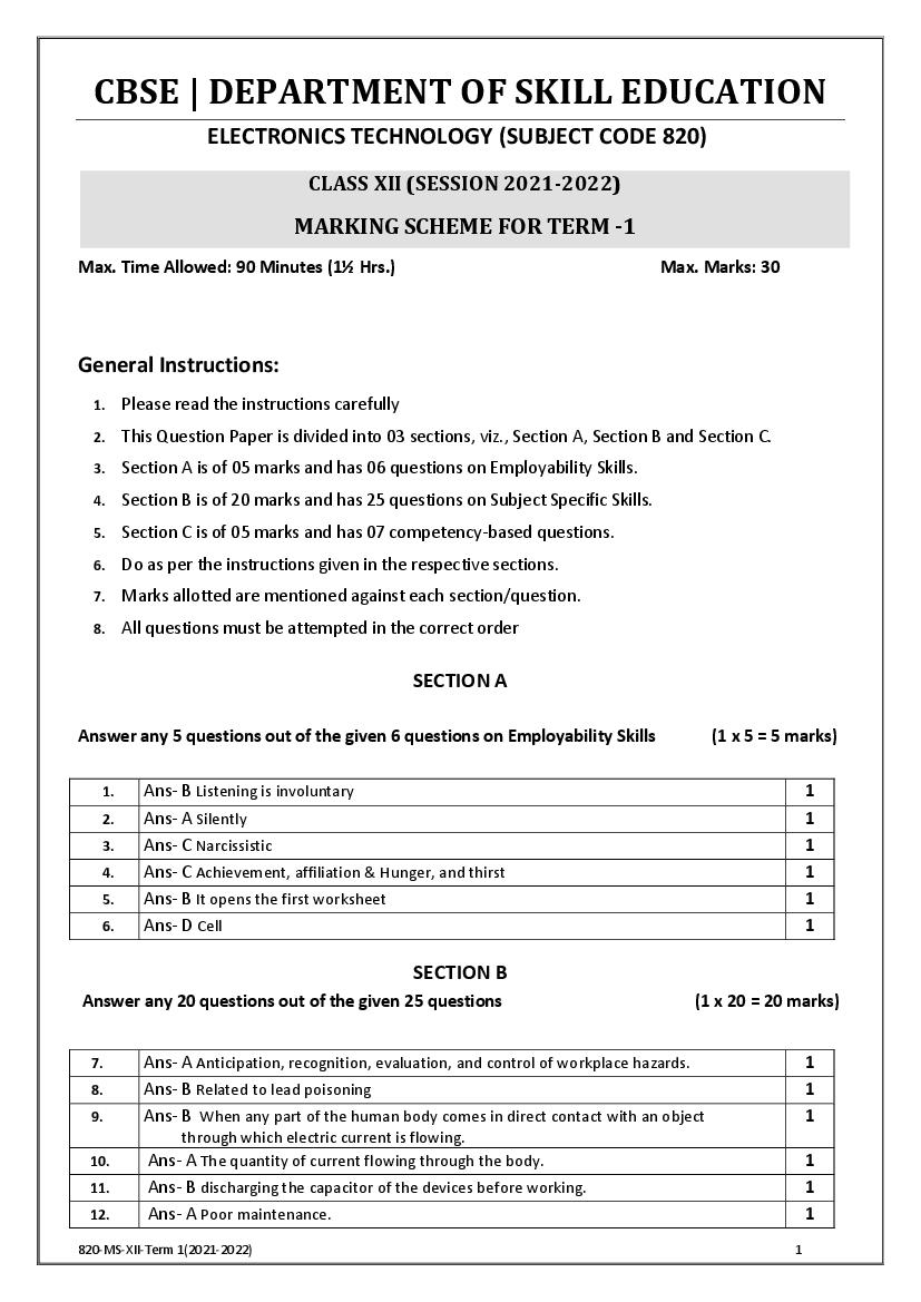 CBSE Class 12 Marking Scheme 2022 for Electronics Technology - Page 1 of 2
