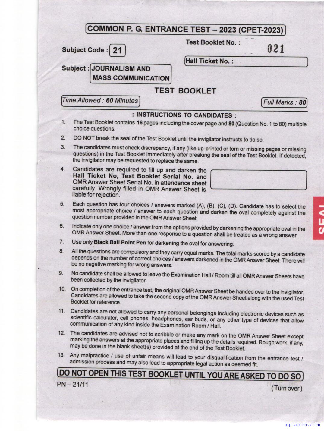 Odisha CPET 2023 Question Paper Journalism and Mass Communication - Page 1 of 16