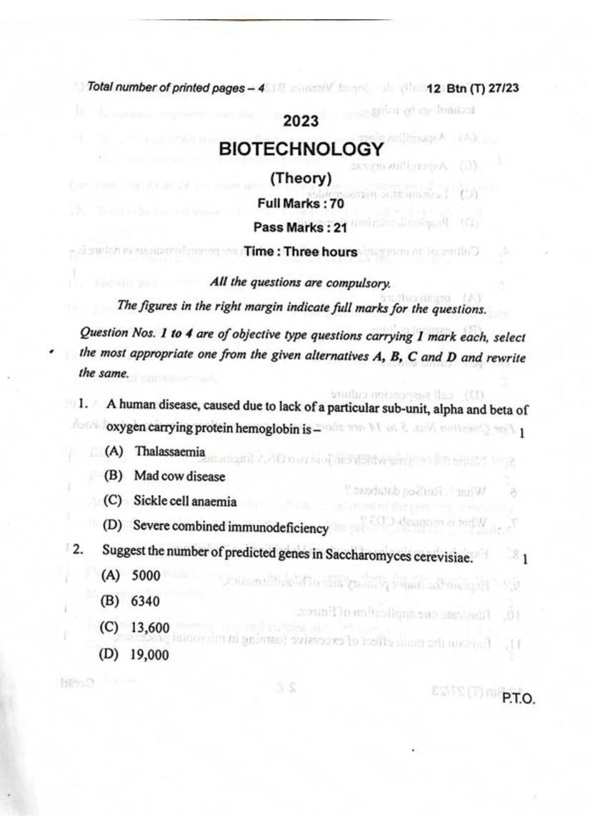 Manipur Board Class 12 Question Paper 2023 for Biotechnology - Page 1