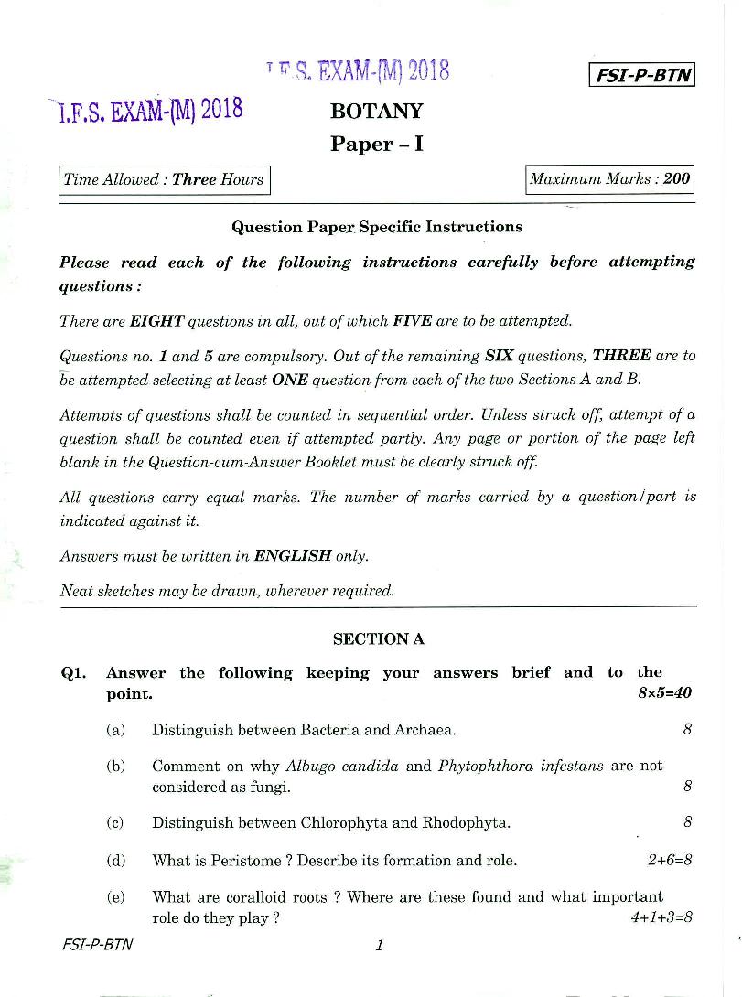UPSC IFS 2018 Question Paper for Botany Paper - I - Page 1