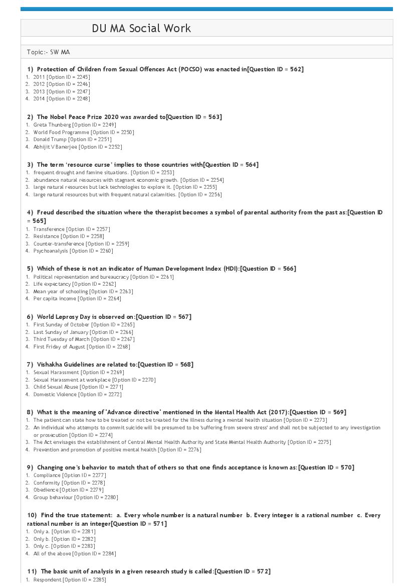 DUET 2021 Question Paper MA Social Work - Page 1
