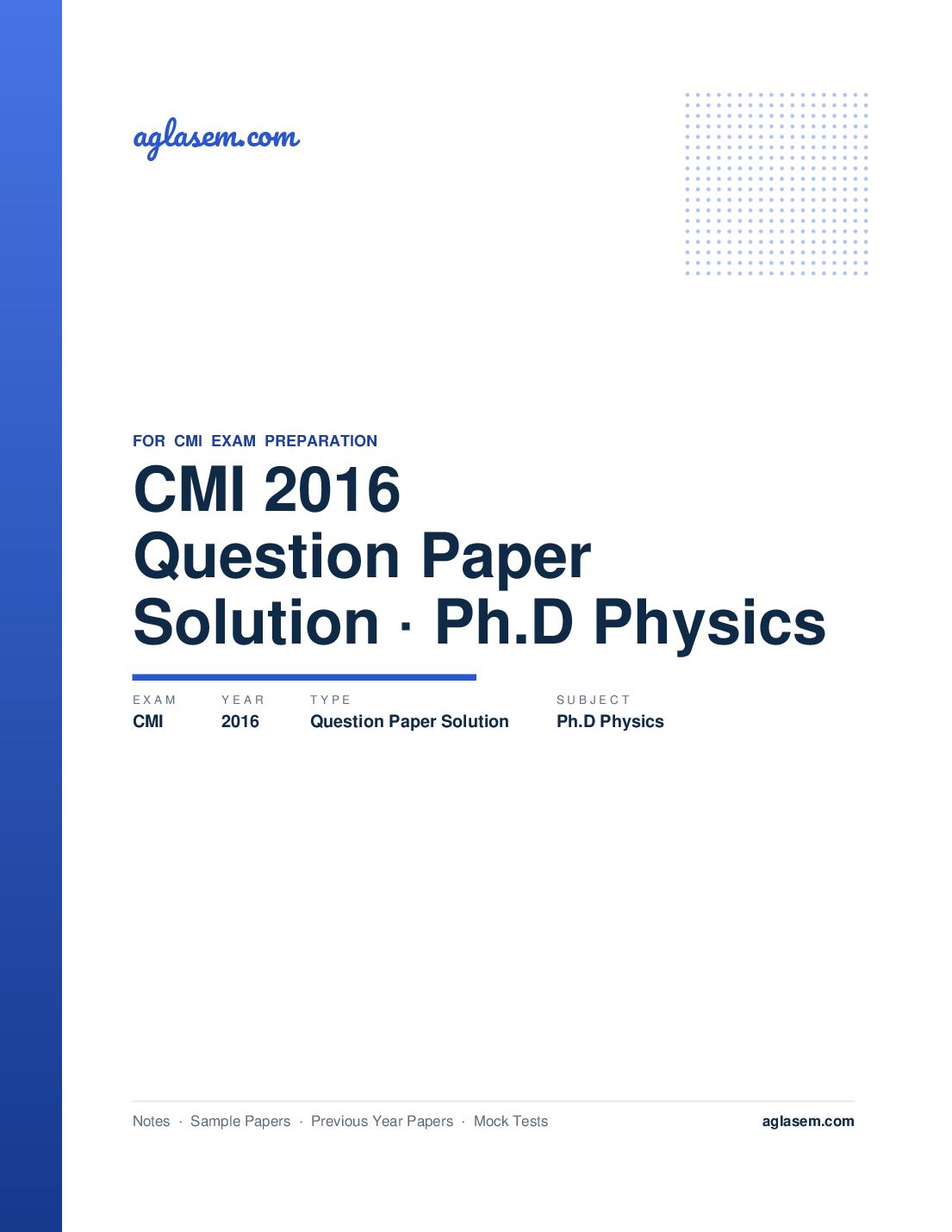 CMI Entrance Exam 2016 Question Paper Solution Ph.D Physics - Page 1 of 11