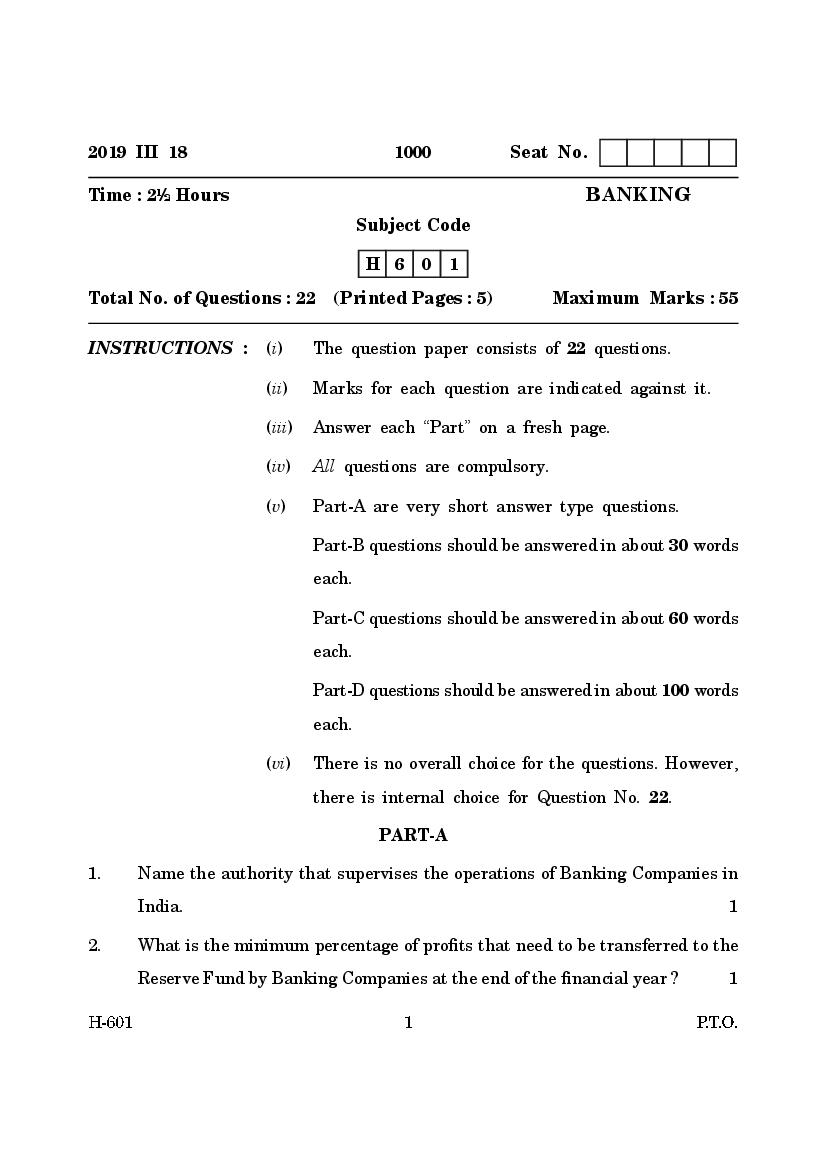 Goa Board Class 12 Question Paper Mar 2019 Banking - Page 1