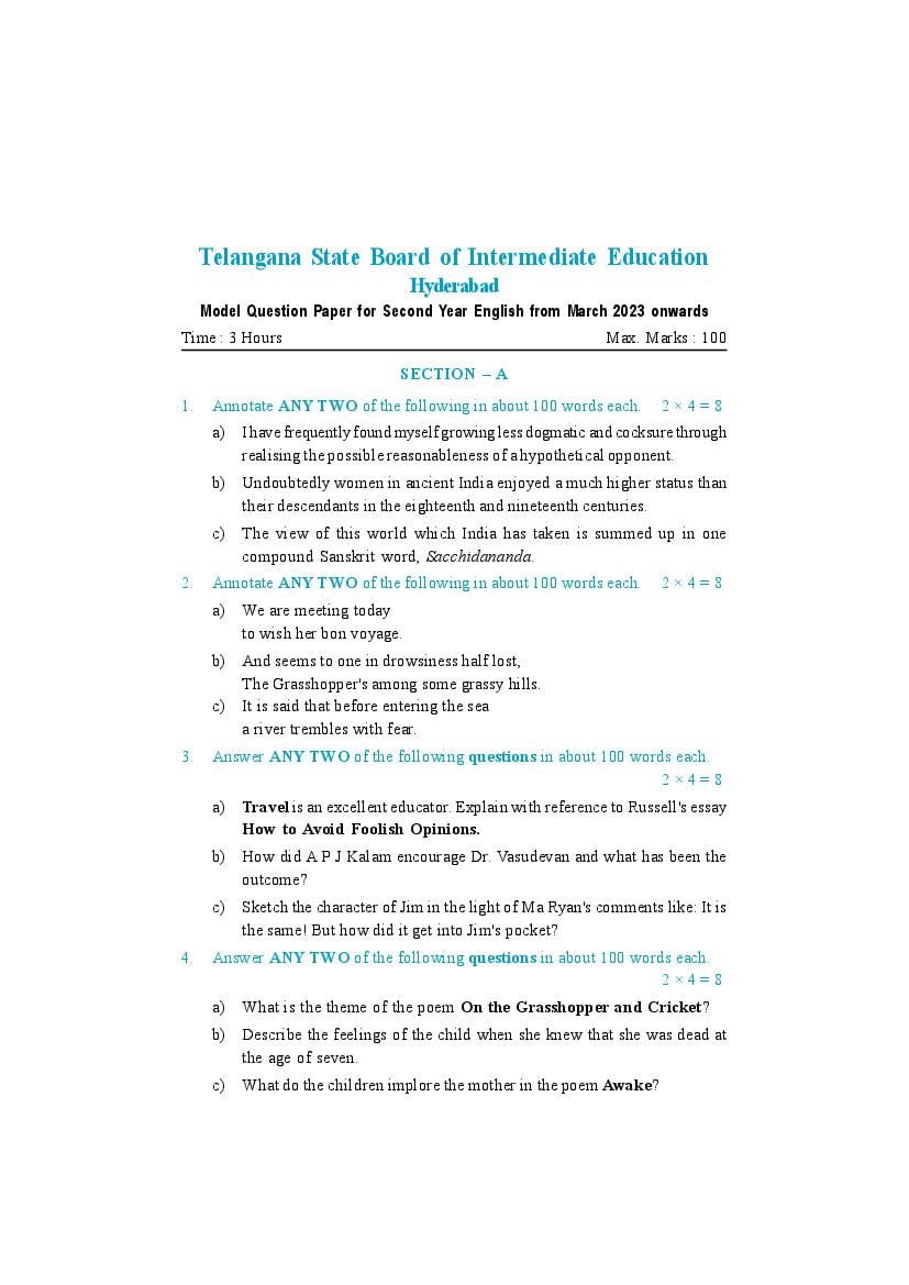 TS Inter 2nd Year English Model Paper 2024 (PDF) OneEdu24