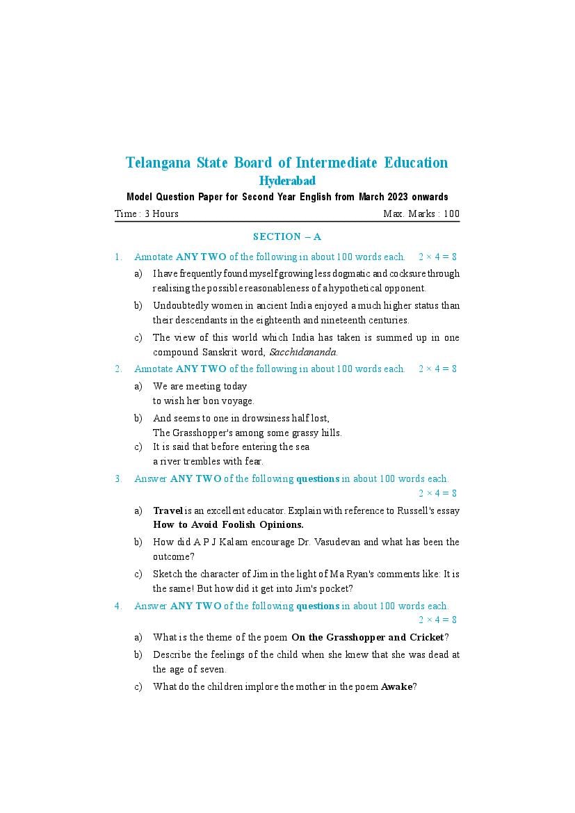 TS Inter 2nd Year English Model Paper 2024 (PDF) - OneEdu24