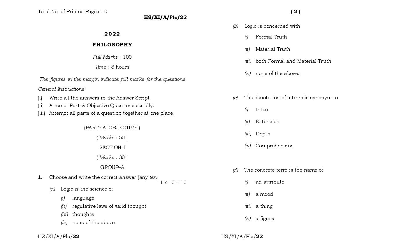 MBOSE Class 11 Question Paper 2022 for Philosophy - Page 1