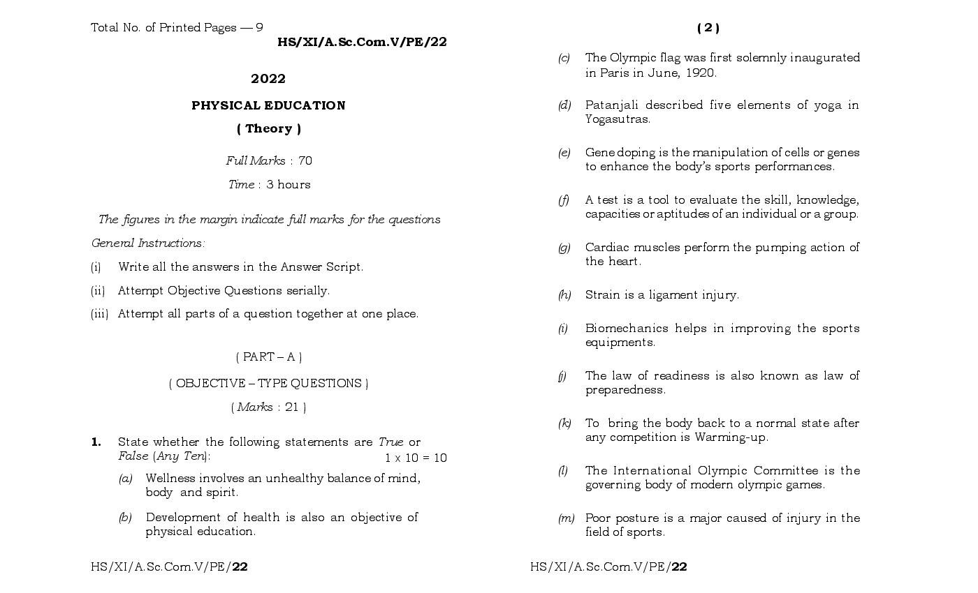 MBOSE Class 11 Question Paper 2022 for Physical Education - Page 1