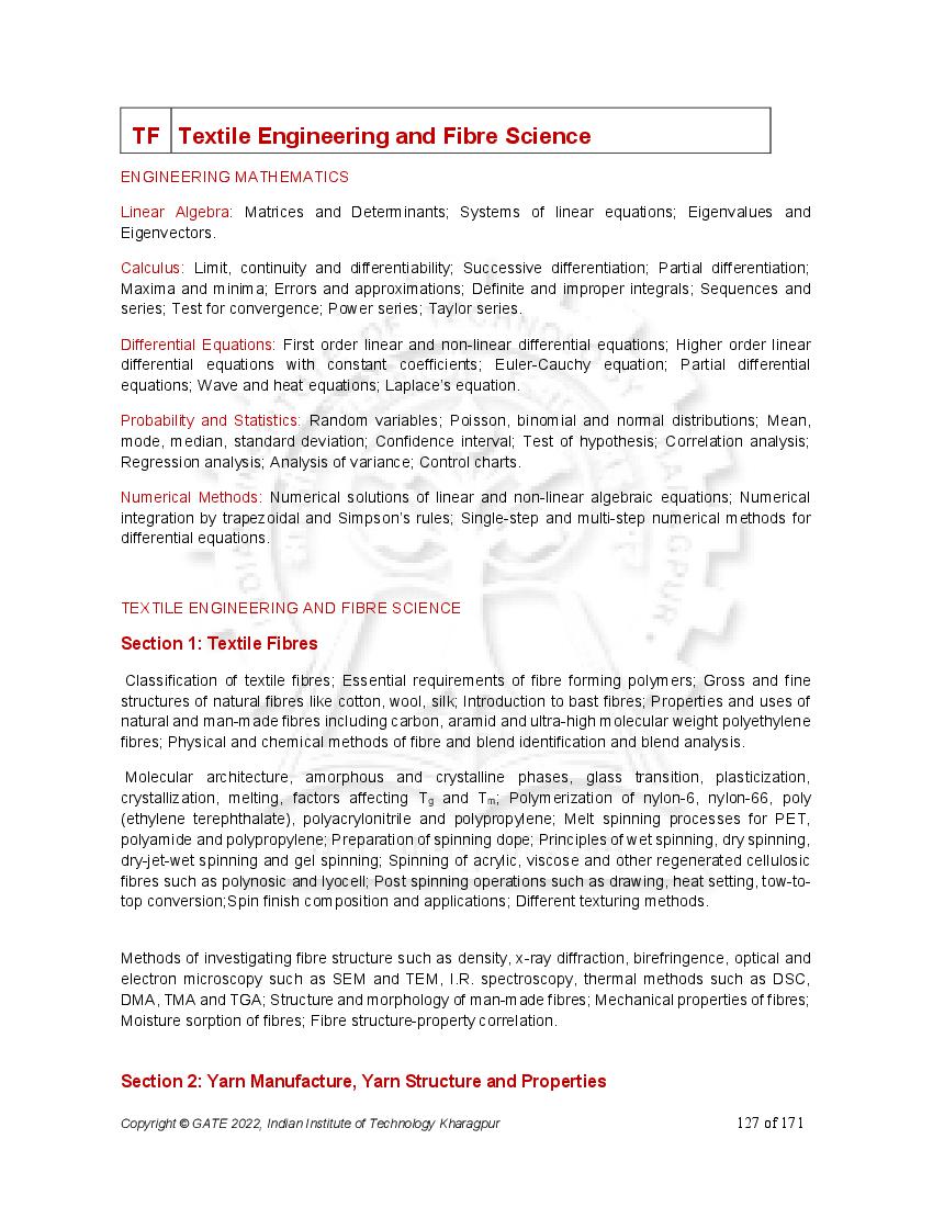 GATE 2022 Syllabus for Textile Engineering and Fiber Science (TF) - Page 1