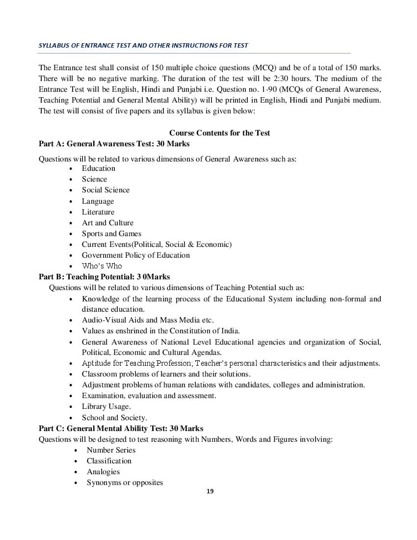 Punjab B.Ed 2025 Syllabus - Page 1 of 2