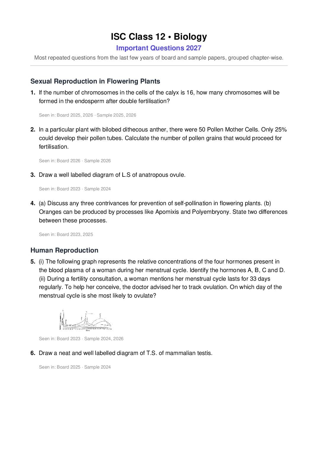 ISC Class 12 Important Questions 2027 Biology - Page 1 of 9