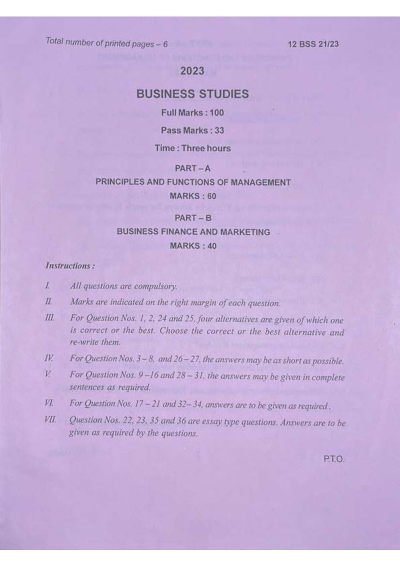 Manipur Board Class 12 Question Paper 2023 for Business Studies - Page 1