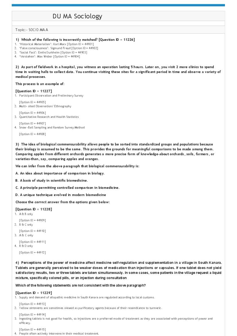 DUET 2021 Question Paper MA Sociology - Page 1