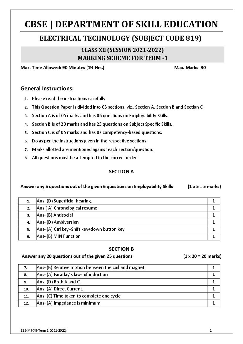 CBSE Class 12 Marking Scheme 2022 for Electrical Technology - Page 1 of 2