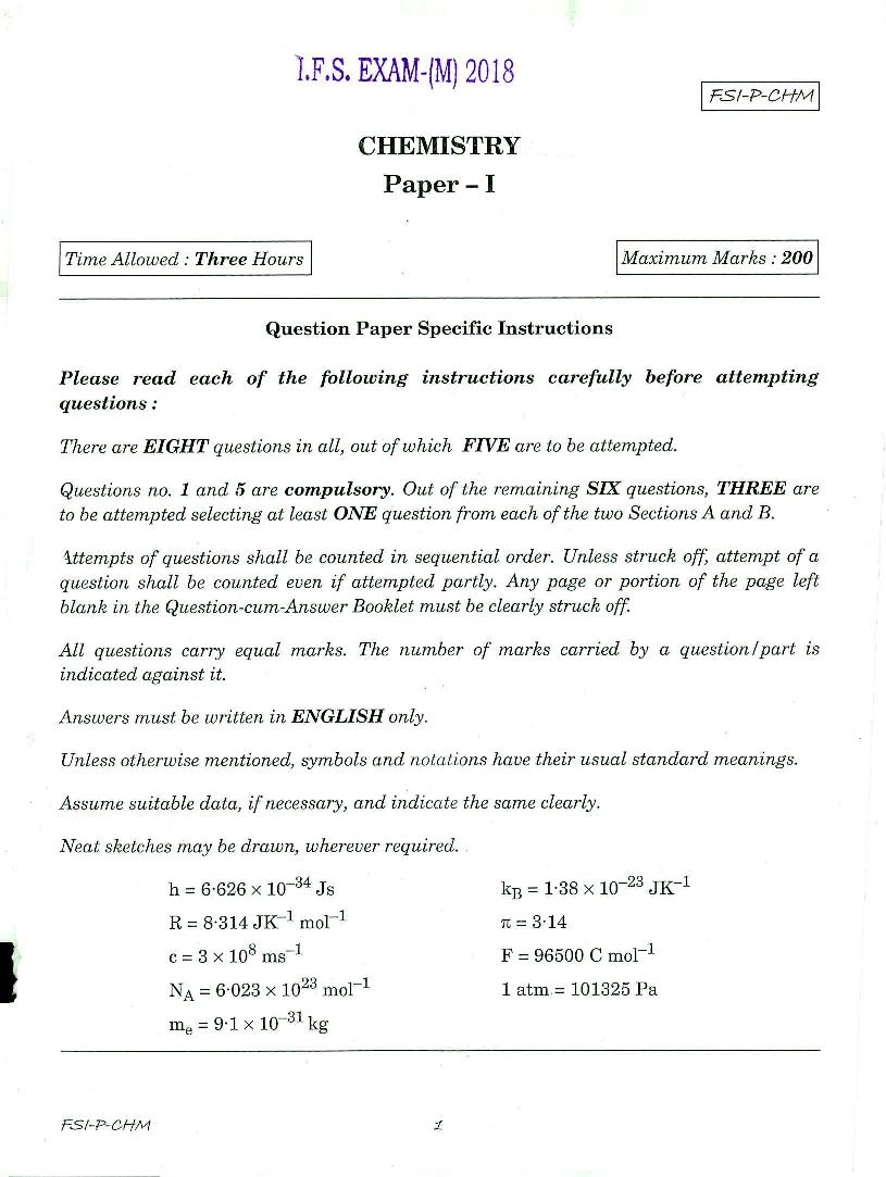 UPSC IFS 2018 Question Paper for Chemistry Paper - I - Page 1