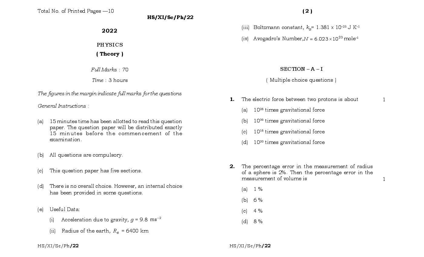 MBOSE Class 11 Question Paper 2022 for Physics - Page 1