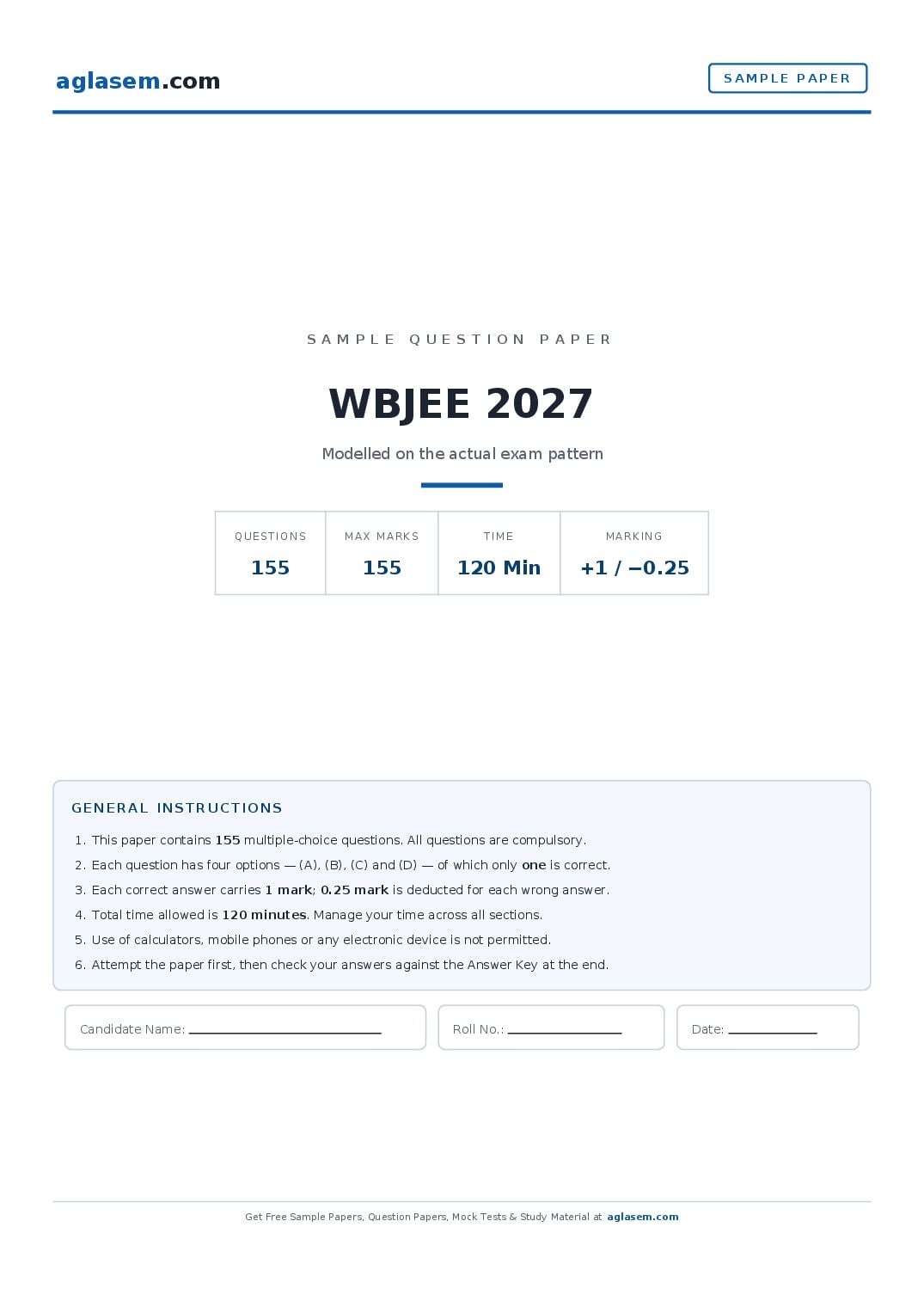 WBJEE 2027 Sample Paper - Page 1 of 18