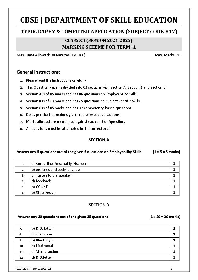 CBSE Class 12 Marking Scheme 2022 for Typography & Computer Application - Page 1 of 2