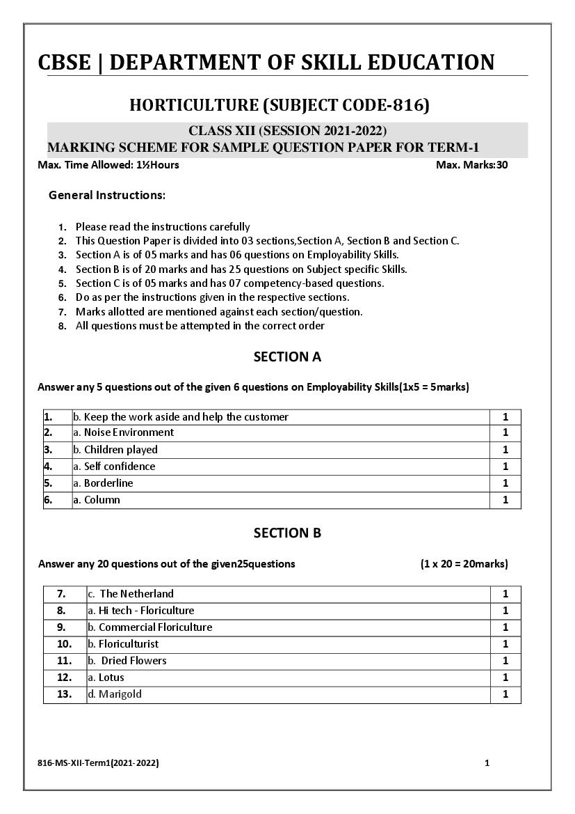 CBSE Class 12 Marking Scheme 2022 for Horticulture - Page 1 of 2