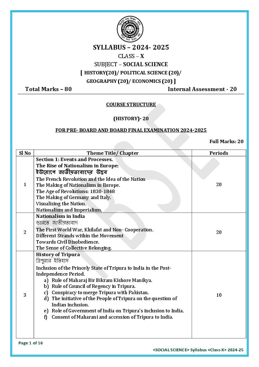 TBSE Class 10 Syllabus 2025 Social Science - Page 1