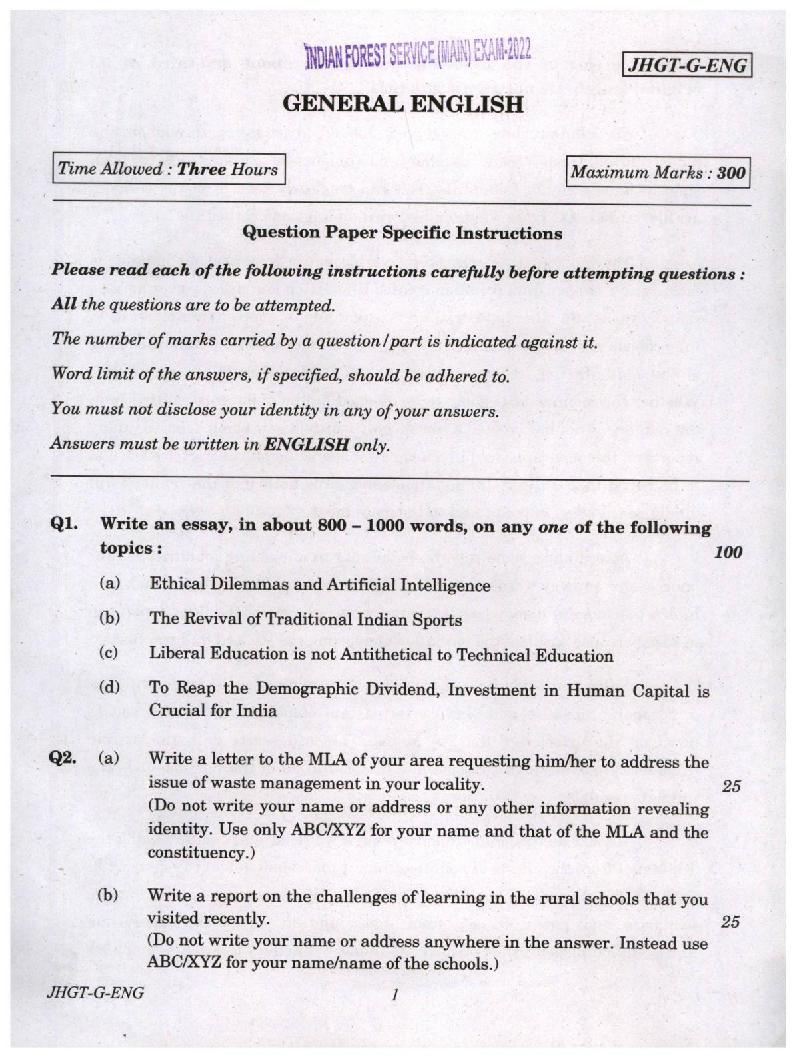 UPSC IFS 2022 Question Paper for General English  - Page 1