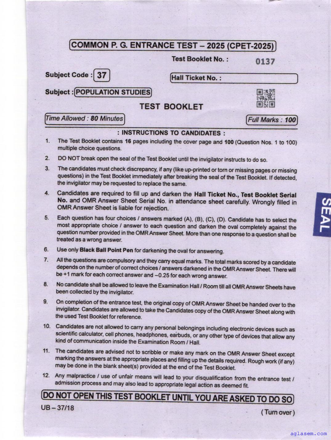 Odisha CPET 2025 Question Paper Population Studies - Page 1 of 16