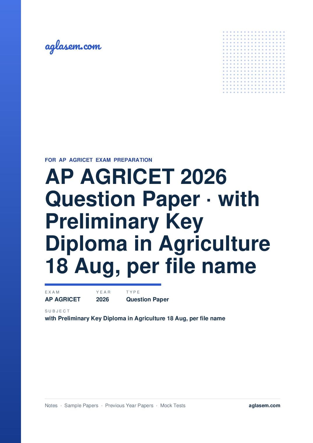 AP AGRICET 2026 Question Paper with Preliminary Key Diploma in Agriculture 18 Aug, per file name - Page 1 of 57