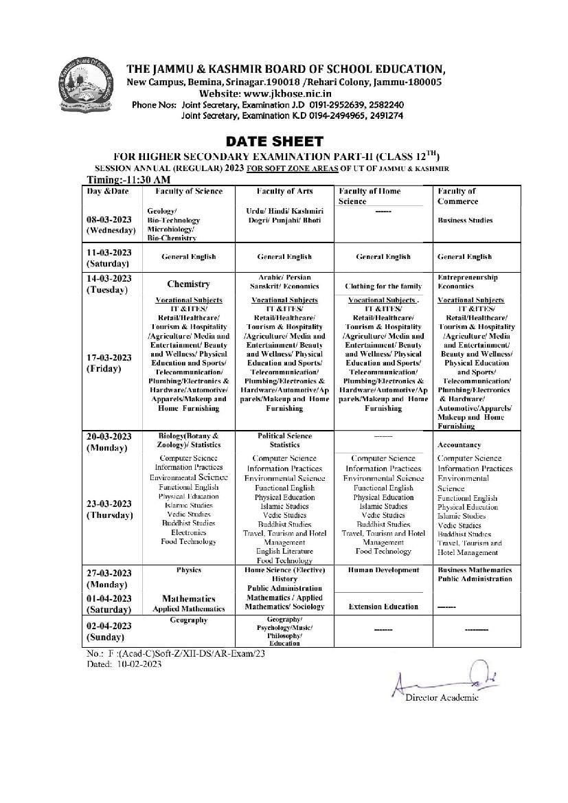 JKBOSE Class 12 Date Sheet 2023 - For Annual Regular 2023 (Soft Zone) JK UT