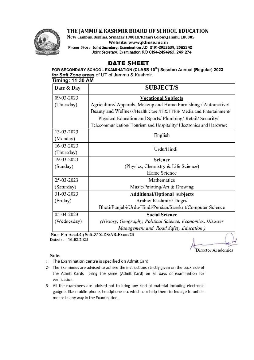 Jkbose Class 10 Date Sheet 2023 For Annual Regular 2023 Soft Zone Jk Ut