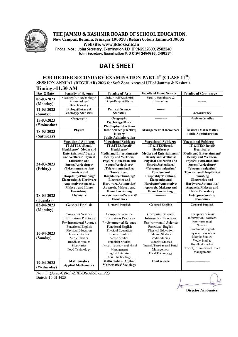 JKBOSE Class 11 Date Sheet 2023 For Annual Regular 2023 (Soft Zone) JK UT