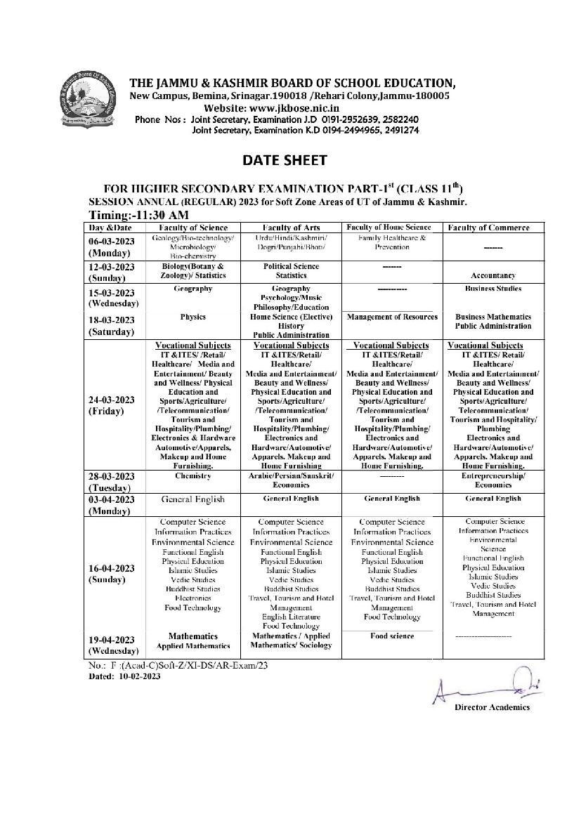 JKBOSE Class 11 Date Sheet 2023 For Annual Regular 2023 Soft Zone JK UT