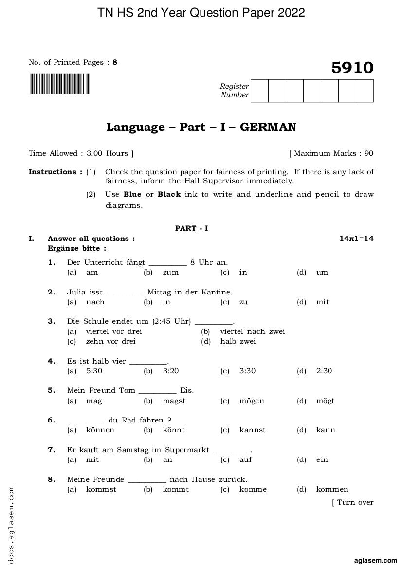 TN 12th Question Paper 2022 German - Page 1