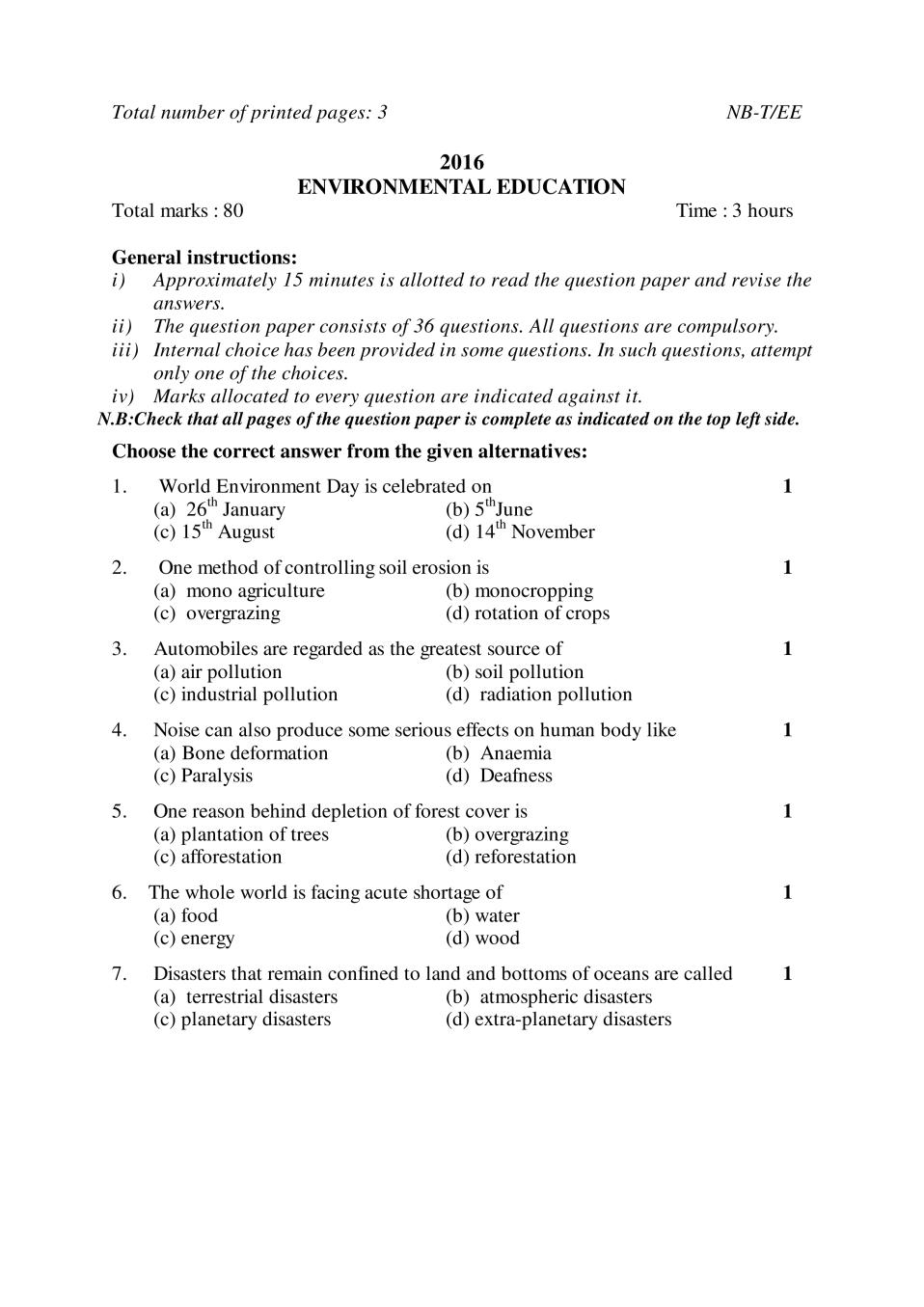 NBSE Class 10 Question Paper 2016 for EnvironmentEducation - Page 1