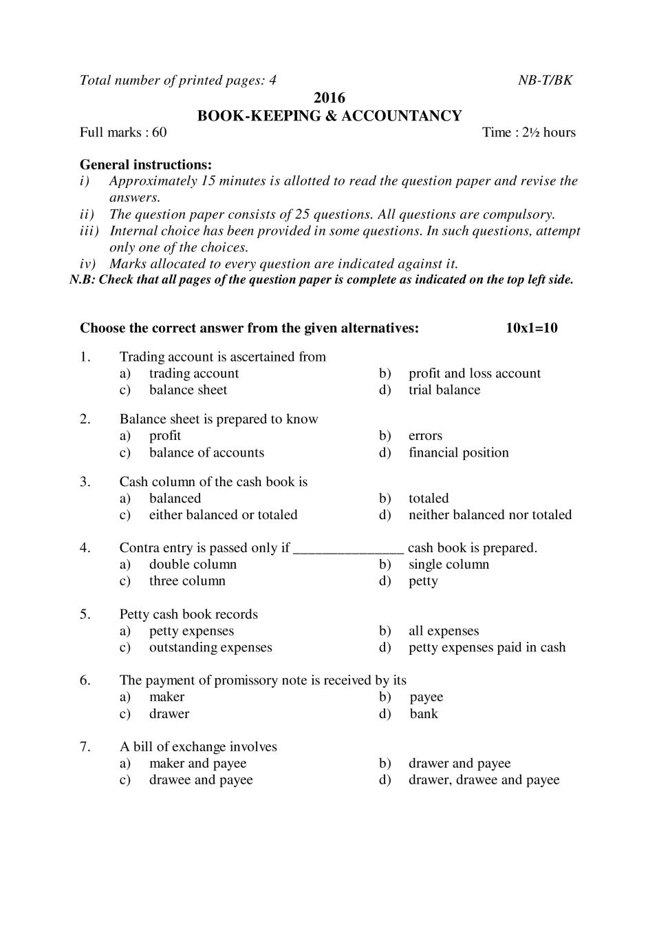 NBSE Class 10 Question Paper 2016 for Book Keeping Accountancy - Page 1