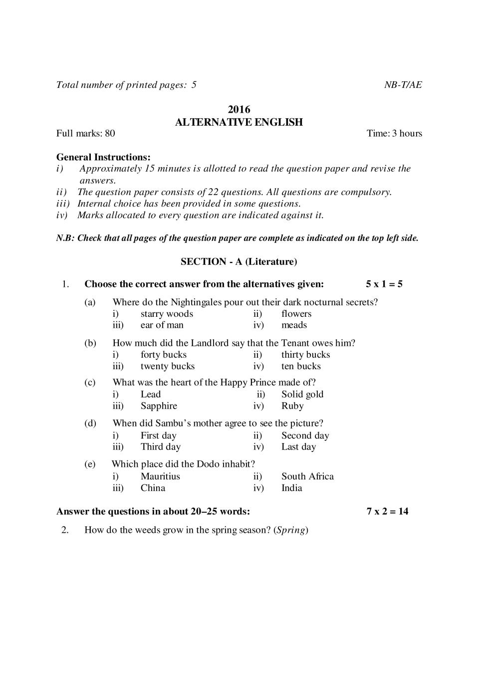 NBSE Class 10 Question Paper 2016 for AlternativeEnglish - Page 1