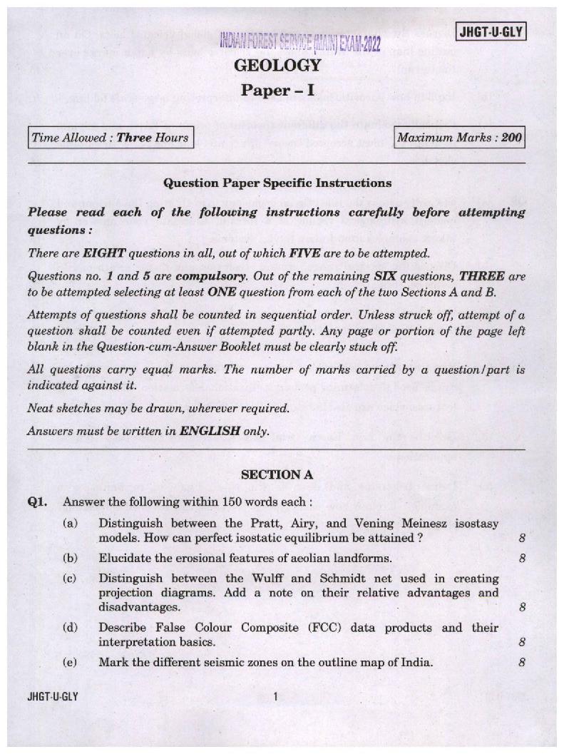 UPSC IFS 2022 Question Paper for Geology Paper I  - Page 1