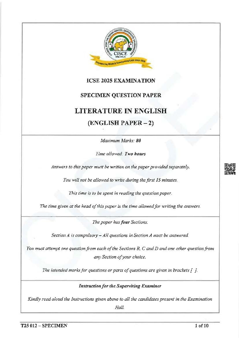 ICSE English Literature Specimen Paper 2025 PDF CISCE Class 10 English Literature Sample Paper