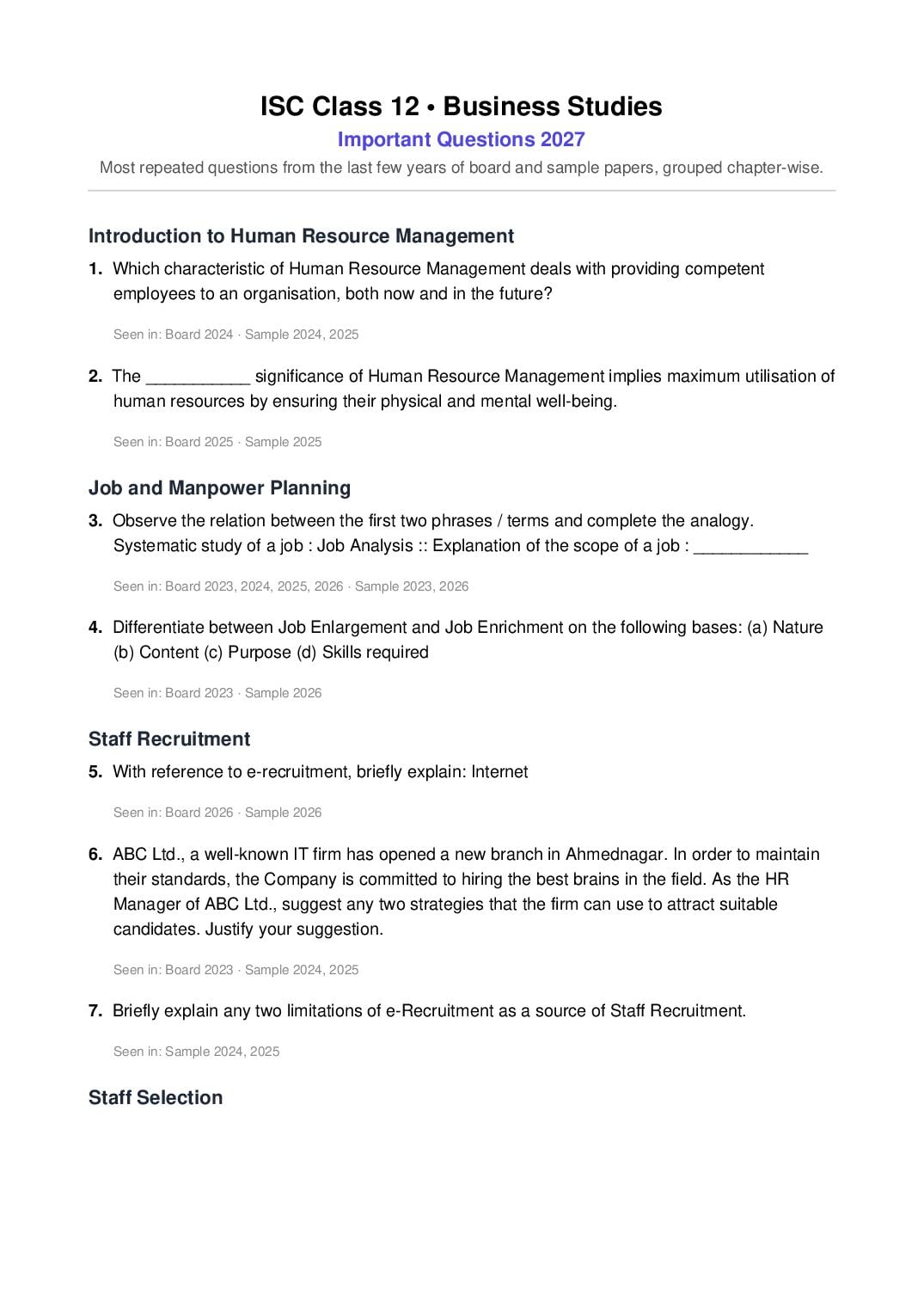 ISC Class 12 Important Questions 2027 Business Studies - Page 1 of 12