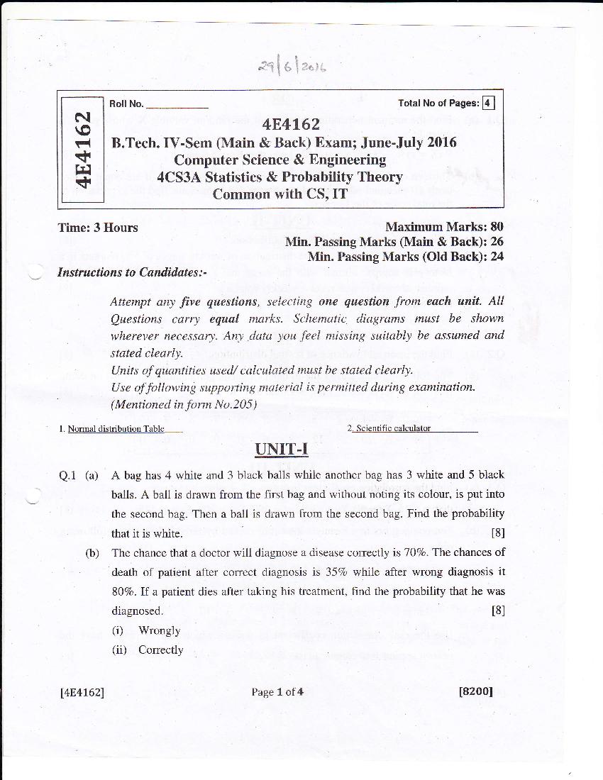 RTU 2016 Question Paper Semester IV Computer Science and Engineering Statics and Probability Theory - Page 1