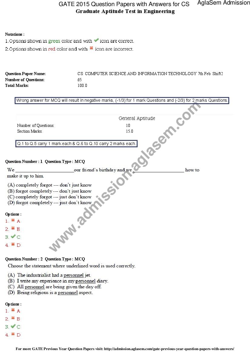 GATE 2015 Question Papers with Answers for CS Computer Science and Information Technology (2) - Page 1