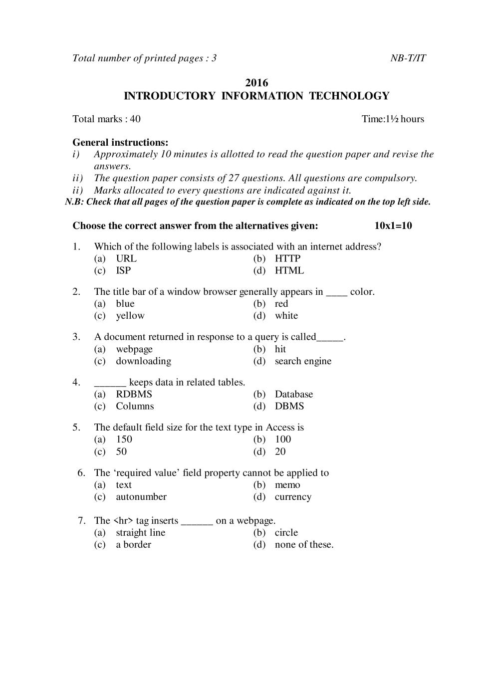 NBSE Class 10 Question Paper 2016 for Indian Institute of Technology - Page 1
