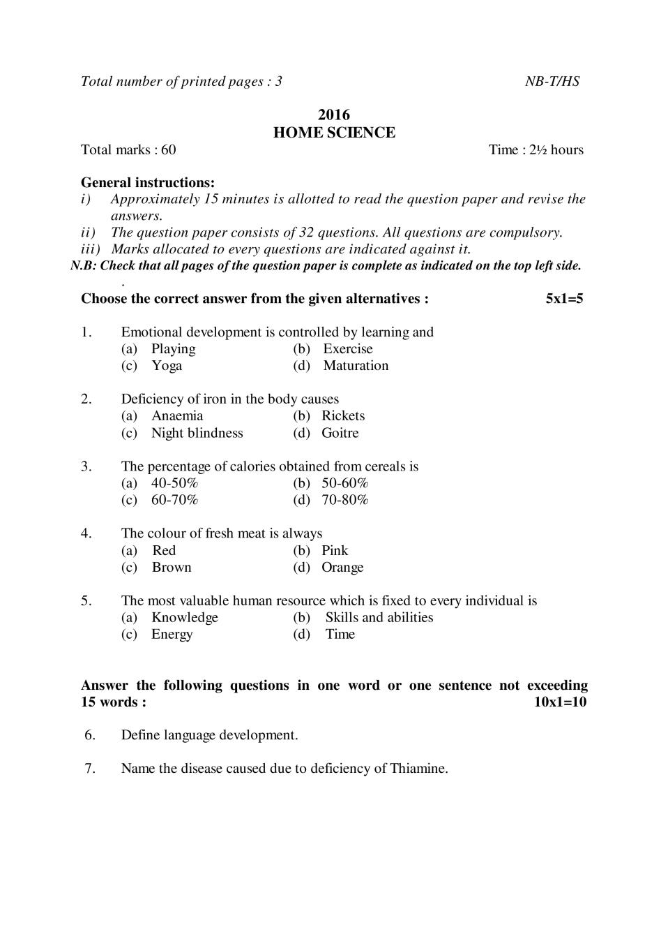 NBSE Class 10 Question Paper 2016 for HomeScience - Page 1