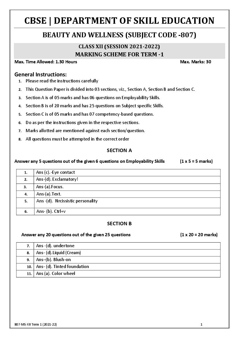 CBSE Class 12 Marking Scheme 2022 for Beauty And Wellness - Page 1 of 2