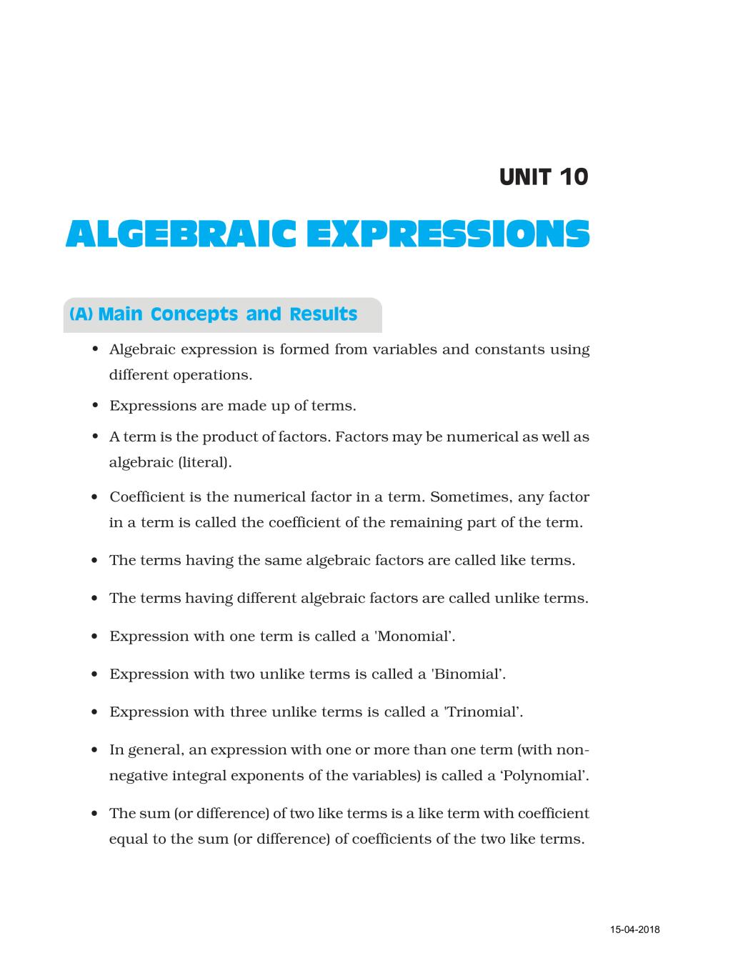 NCERT Exemplar Class 07 Maths Unit 10 Algebraic Expressions - Page 1