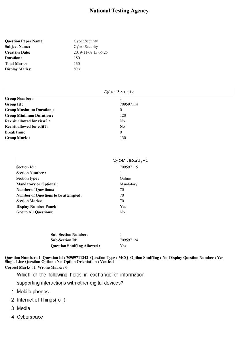 SWAYAM 2019 Question Paper Cyber Security - Page 1