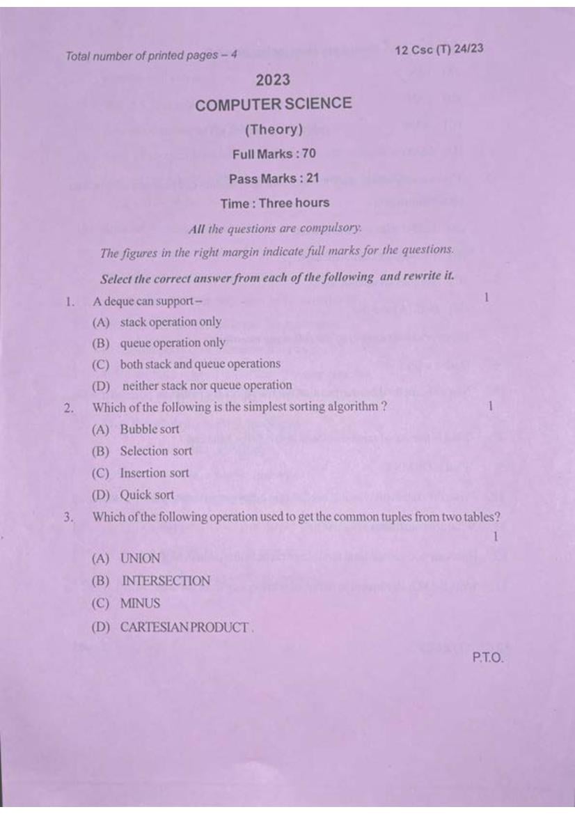 Manipur Board Class 12 Question Paper 2023 for Computer Science - Page 1