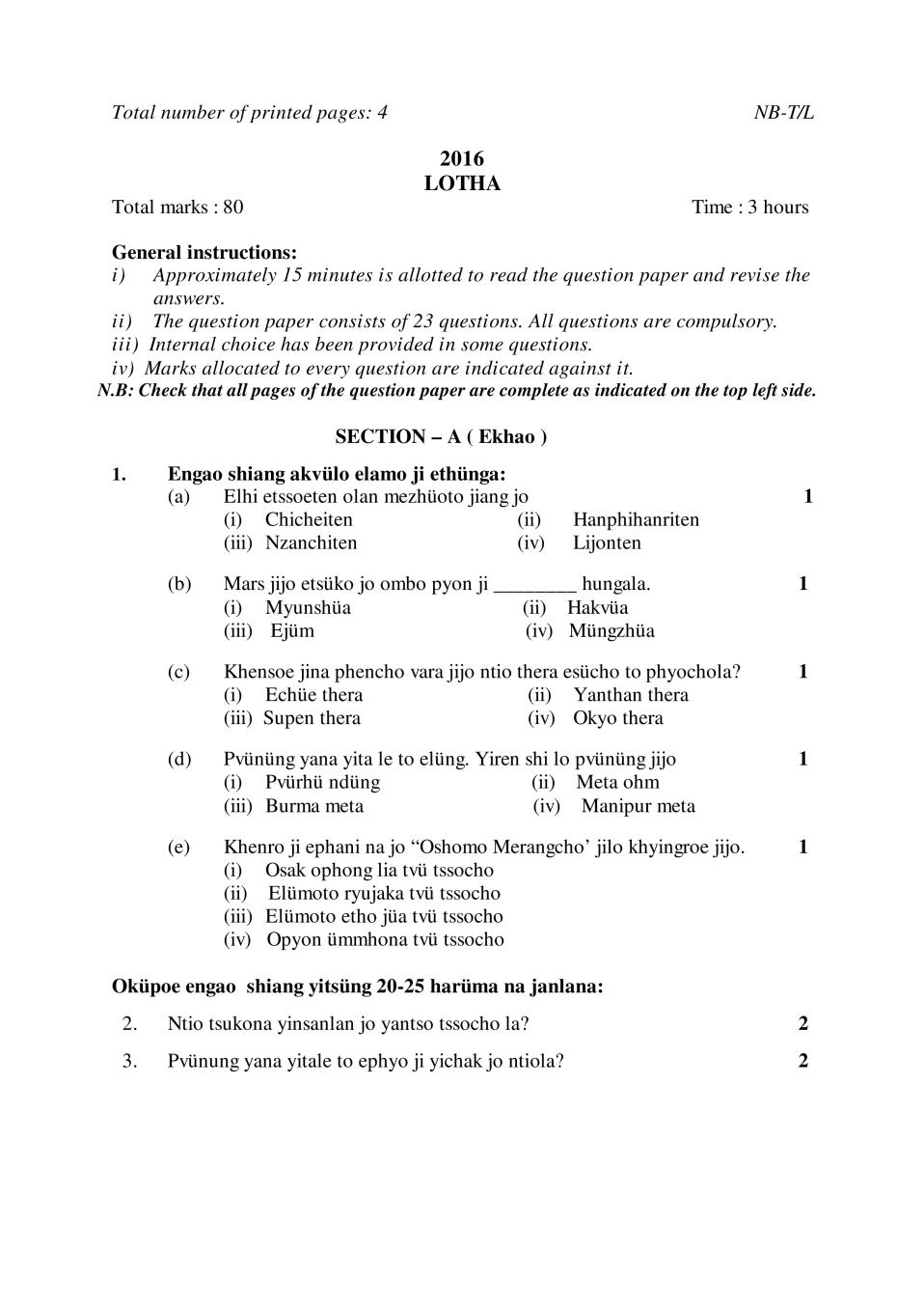 NBSE Class 10 Question Paper 2016 for Lotha - Page 1