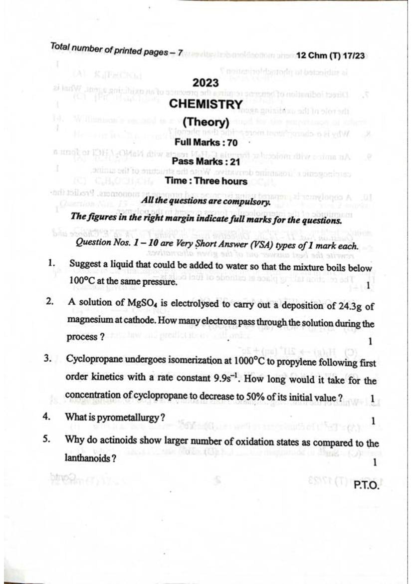Manipur Board Class 12 Question Paper 2023 for Chemistry - Page 1